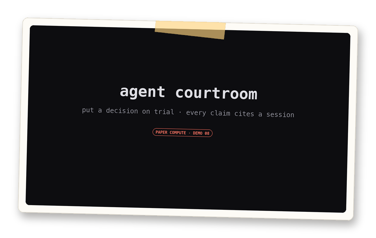 Title card from the agent courtroom demo: put a decision on trial, every claim cites a session