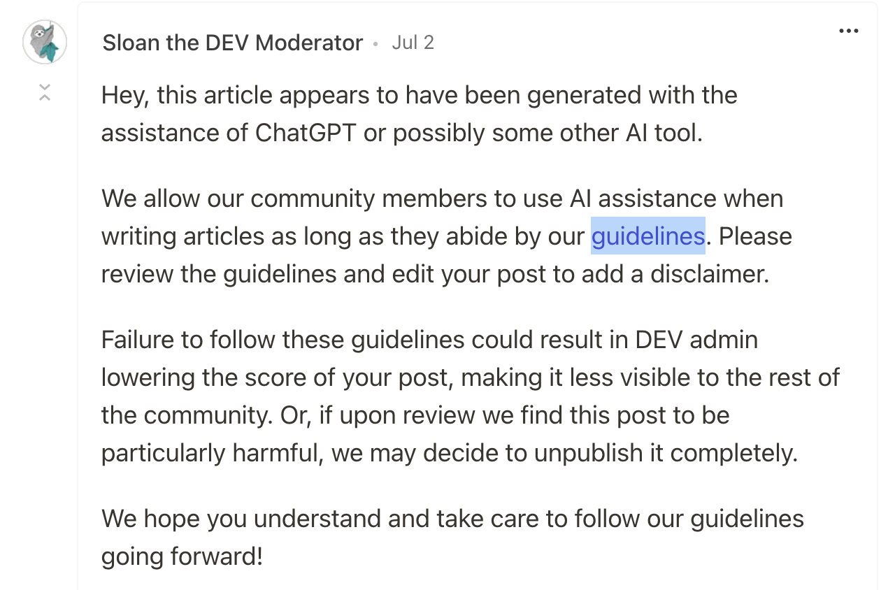 Sloan the DEV Moderator flags a post for AI assistance and asks the author to add a disclaimer per DEV's guidelines, warning that failure to comply could lower the post's visibility or get it unpublished.