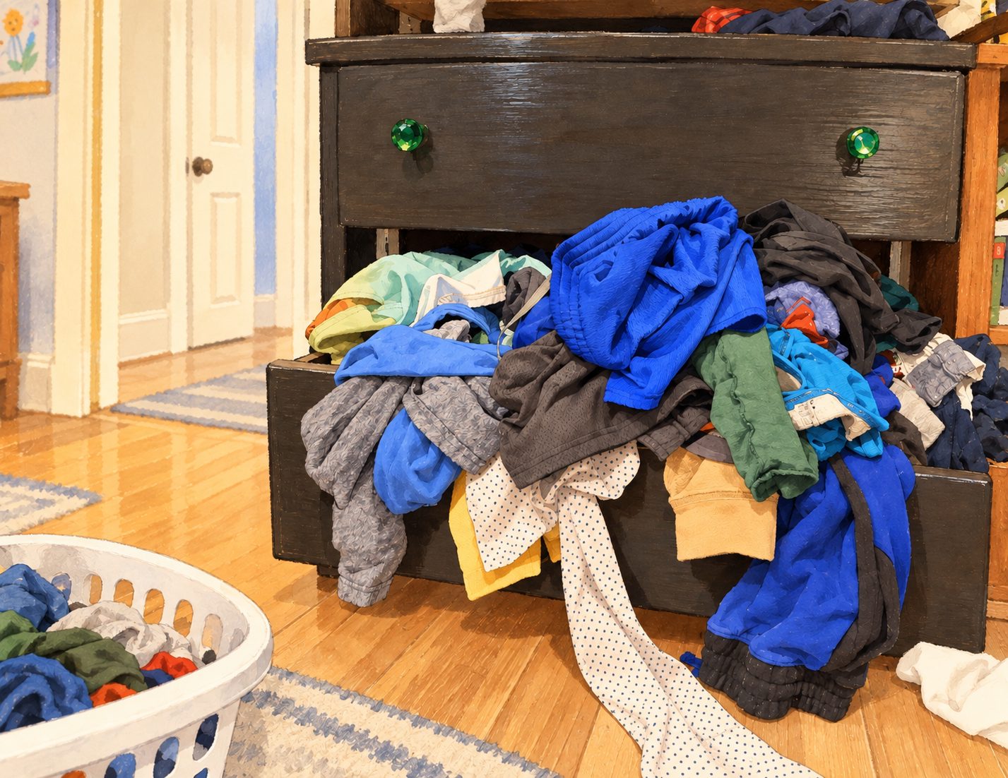 laundry piled on top of a single drawer